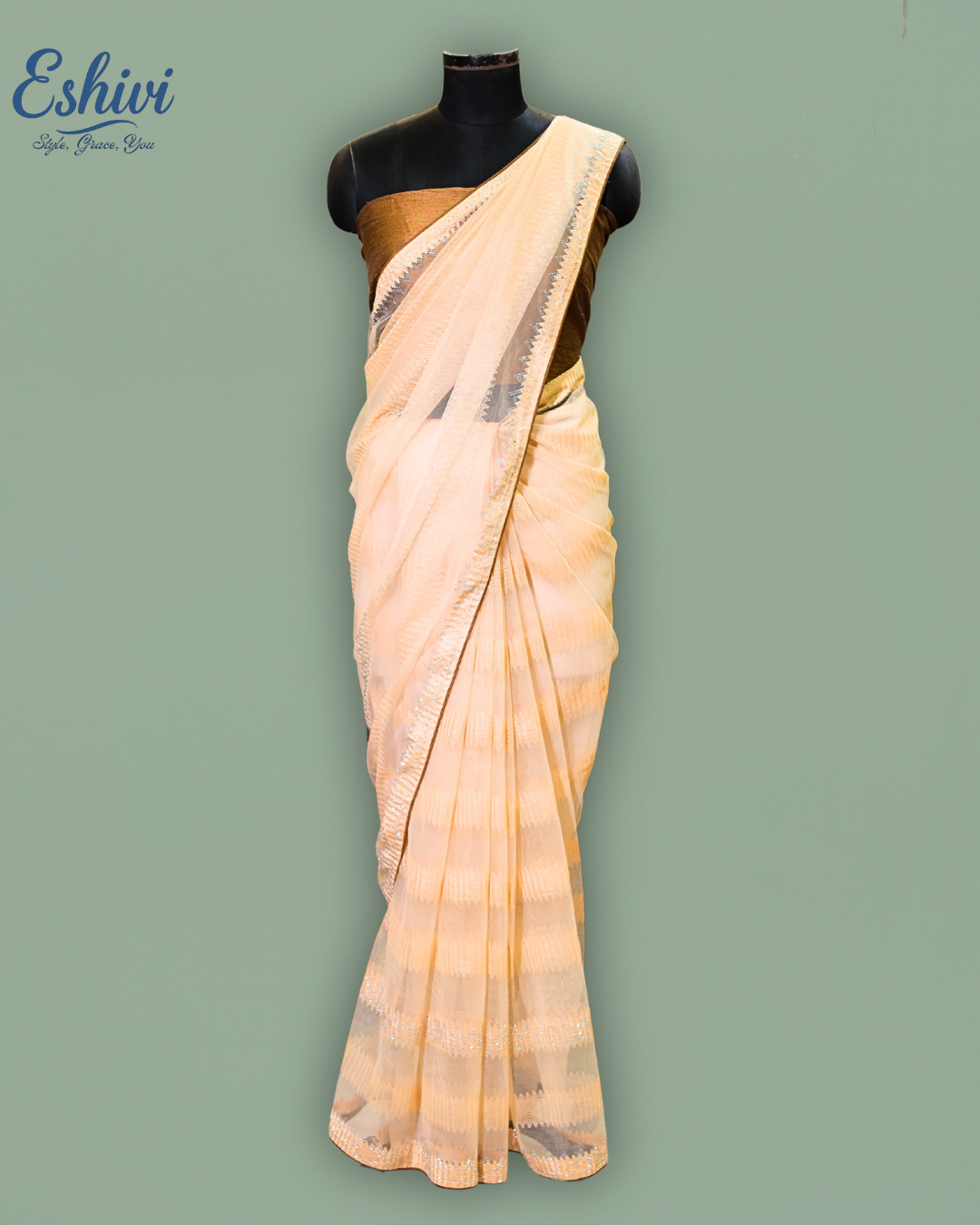 Golden Net Saree by Eshivi - Subtle Glow, Endless Elegance