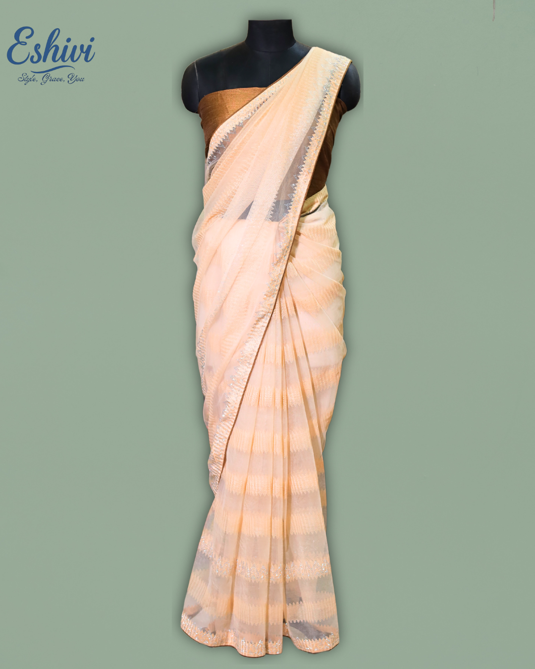 Golden Net Saree by Eshivi - Subtle Glow, Endless Elegance